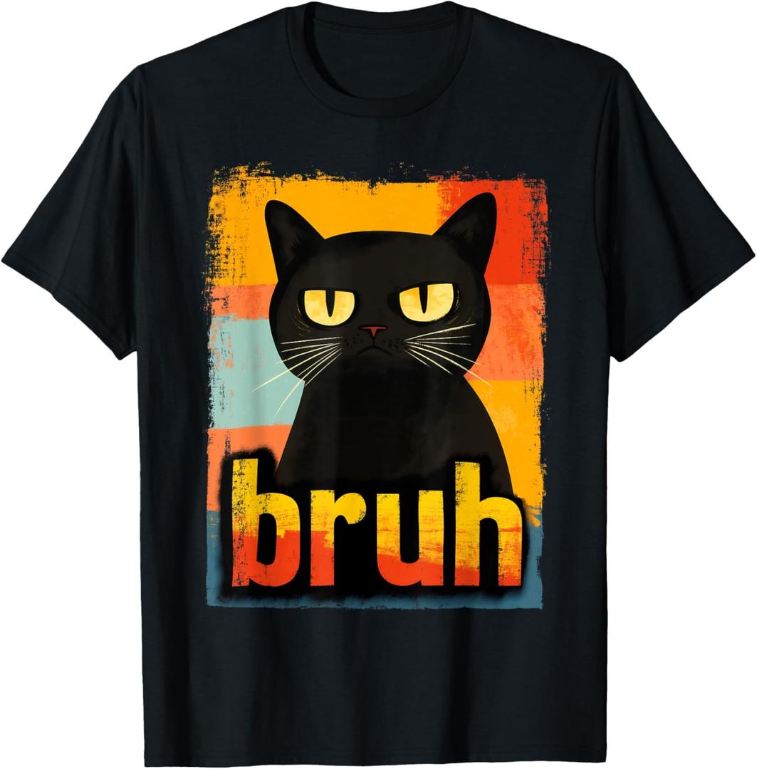 Funny Cat Bruh For Teens Boys Girls Men Women Meme Graphic T-Shirt (Small, Black)