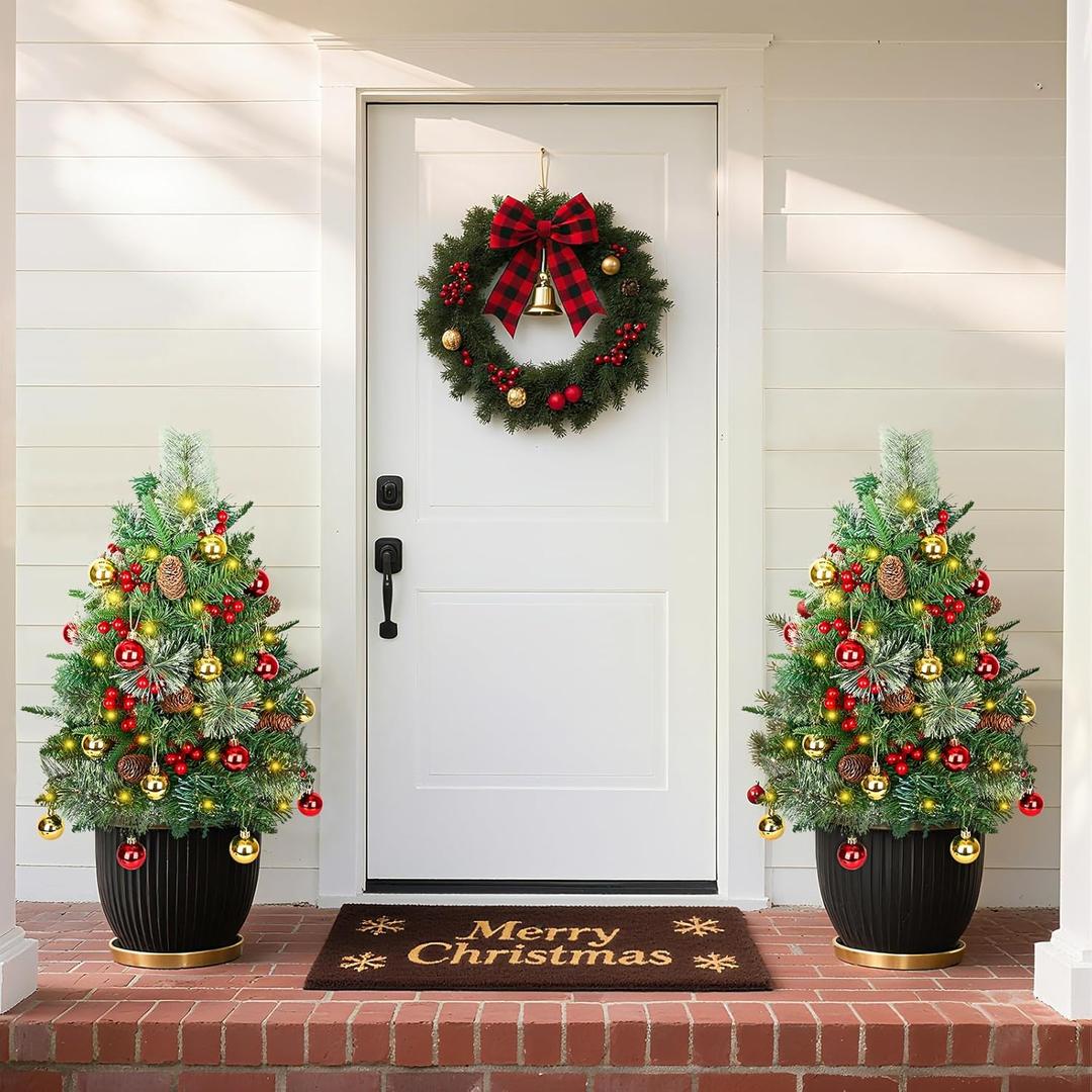 Lifecapido 2 Pack Outdoor Christmas Tree Urn Filler, 29.5 Inch Pre-lit Xmas Planter Bushes Filler with 50 LED Lights, Holiday Porch Decoration Xmas Trees with Pine Cones Red Berries for Yard Porch