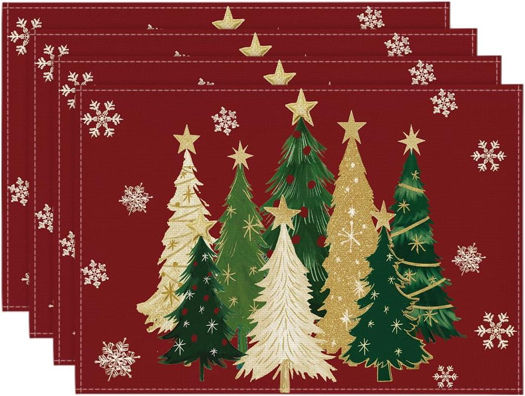 Artoid Mode Xmas Trees Snowflakes Winter Placemats Set of 4, 12x18 Inch Seasonal Red Christmas Table Mats for Party Kitchen Dining Decoration
