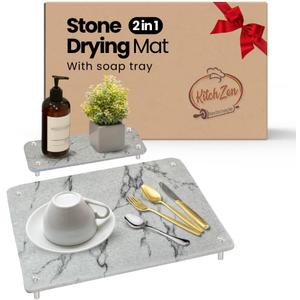 Stone Drying Mat for Kitchen Counter - 15.7"x11.8" with 11'' x 4.3 '' Soap try - Diatomaceous Dish Drying Mat with Non-Slip Stainless Steel Feet - Ideal for Dishes, Bottles etc. (Light Grey)