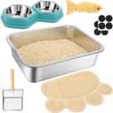 5 Pcs Cat Supplies Includes Stainless Steel Litter Box Small with Litter Scoop, Bowls for Food and Water, Catnip Fish, Mat, for Kittens Cat Lovers