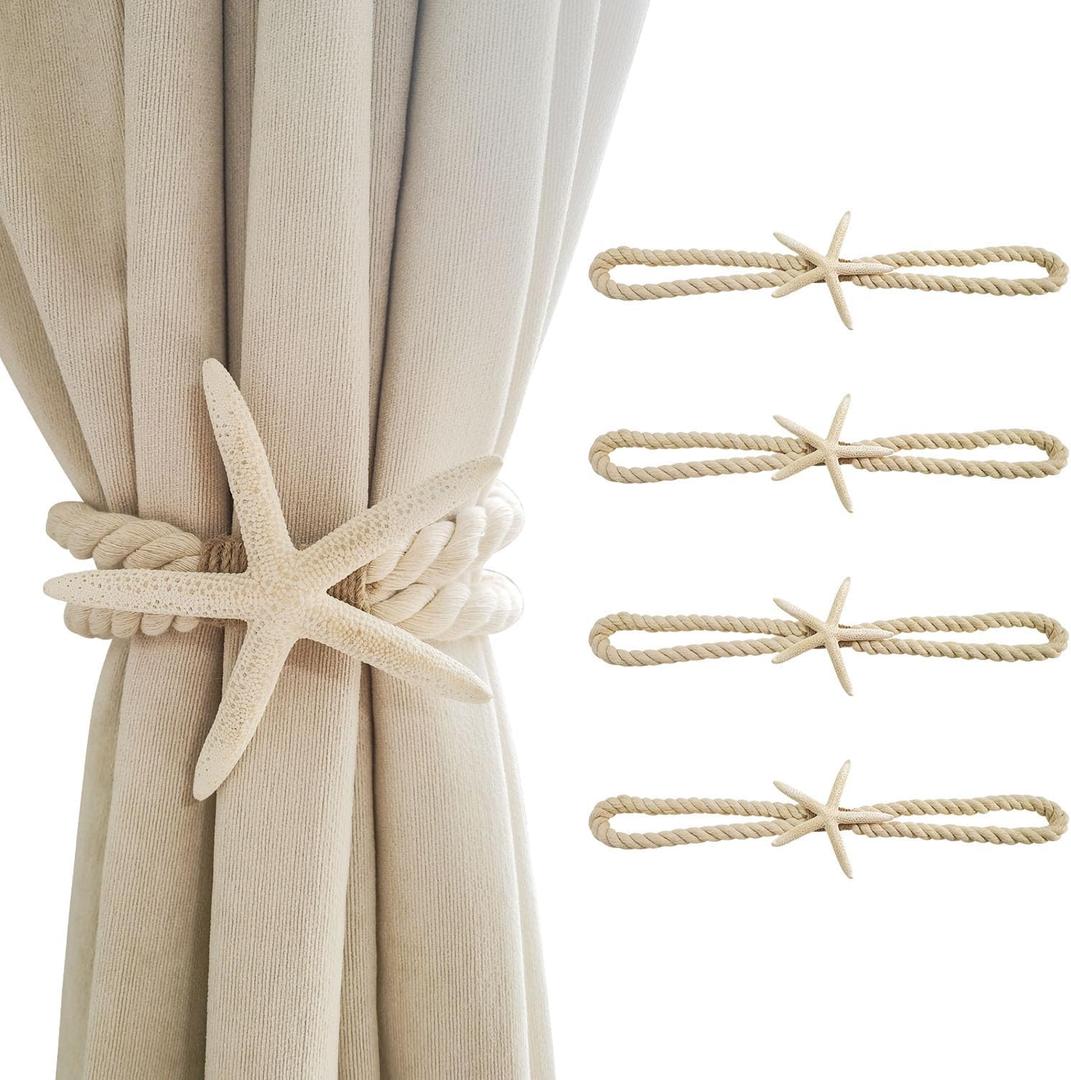 4 Pcs Natural Starfish Curtain Tiebacks, Handmade Woven Rope Curtain-Ties Scandinavian Minimalist Style Curtain Spreader for Outdoor, Hotel, Bedroom Decoration (White Finger Starfish)