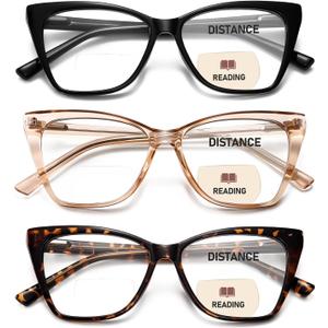 Bifocal Reading Glasses Women Cat Eye Oversized Blue Light Blocking Computer Readers Designer Clear Top Eyewear PT2001 (Bifocal / 1 Black + 1 Demi + 1 Champagne)