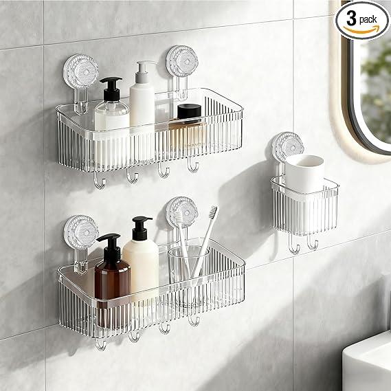 Hybrids Shower Caddy With Suction Cups 3 Pack Clear Plastic