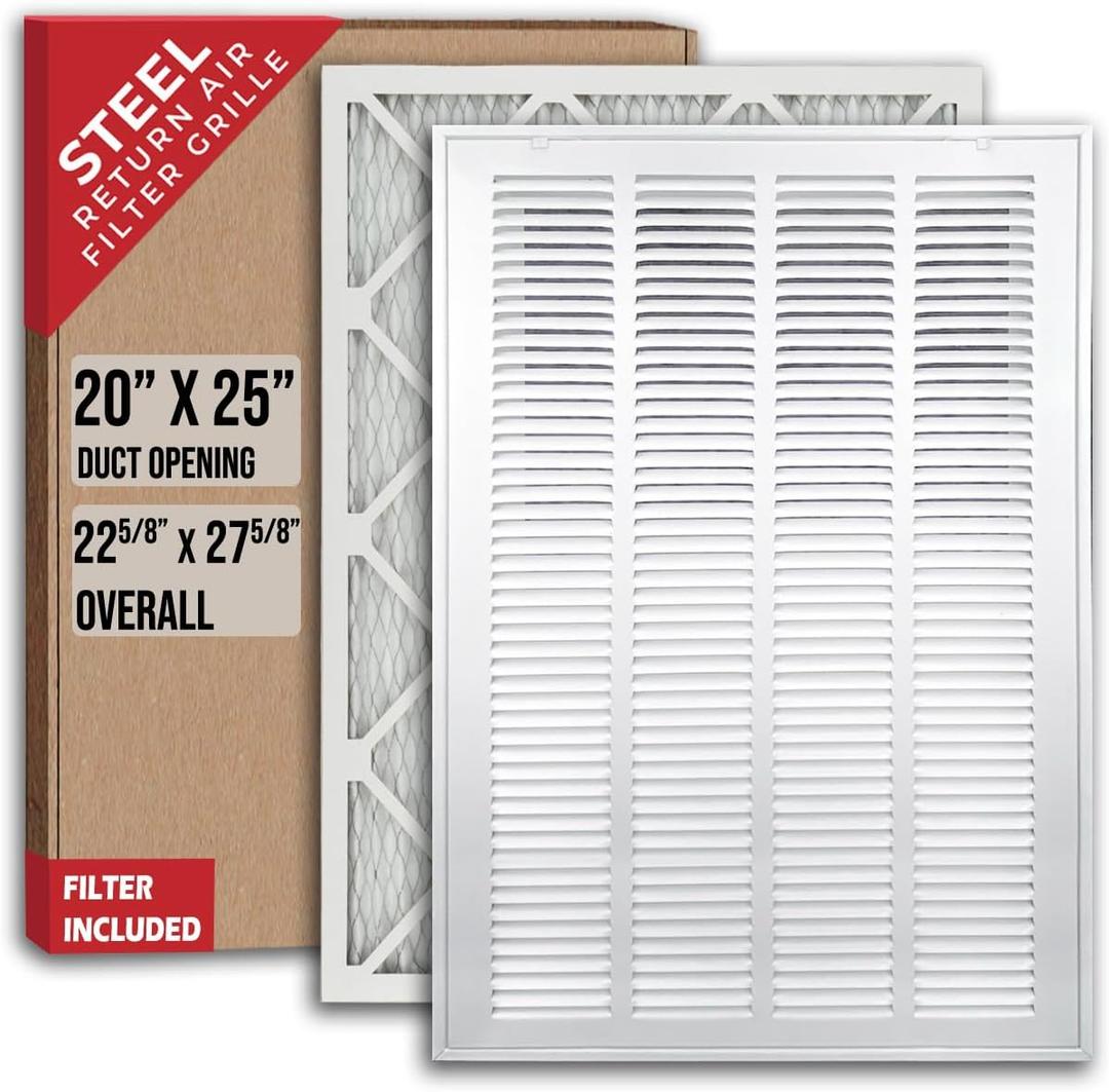 Fits 20x25 Duct Opening | Filter Included Steel Return Air Filter Grille by Handua [Removable Door] | Vent Cover Filter Grill | White | Outer Dimensions: 22 5/8"W X 27 5/8"H