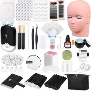 Lashes Kit for Eyelash Extension Beginner Lash Tech Starter Kit with Eye Lash Mannequin Head, Professional Eyelash Extension Kit with Lash Fan, Extension Glue and Eyelash Remover for Practice Training (Black)