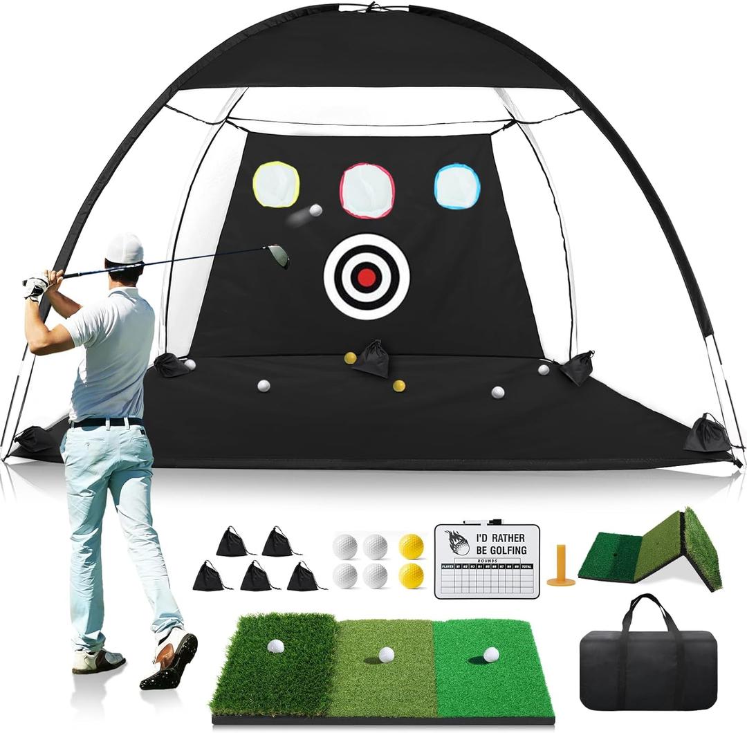 Golf Net, 10x7FT All-in-1 Home Golf Hitting Aid Set with Foldable Tri-Turf Practice Mat for Backyard Driving Chipping Swing Training with Scoreboard/Target/Balls, Gifts for Him Dad and Men Golfer Golf Net, 10x7FT All-in-1 Home Golf Hitting Aid Set with Foldable Tri-Turf Practice Mat for Backyard Driving Chipping Swing Training with Scoreboard/Target/Balls, Gifts for Him Dad and Men Golfer