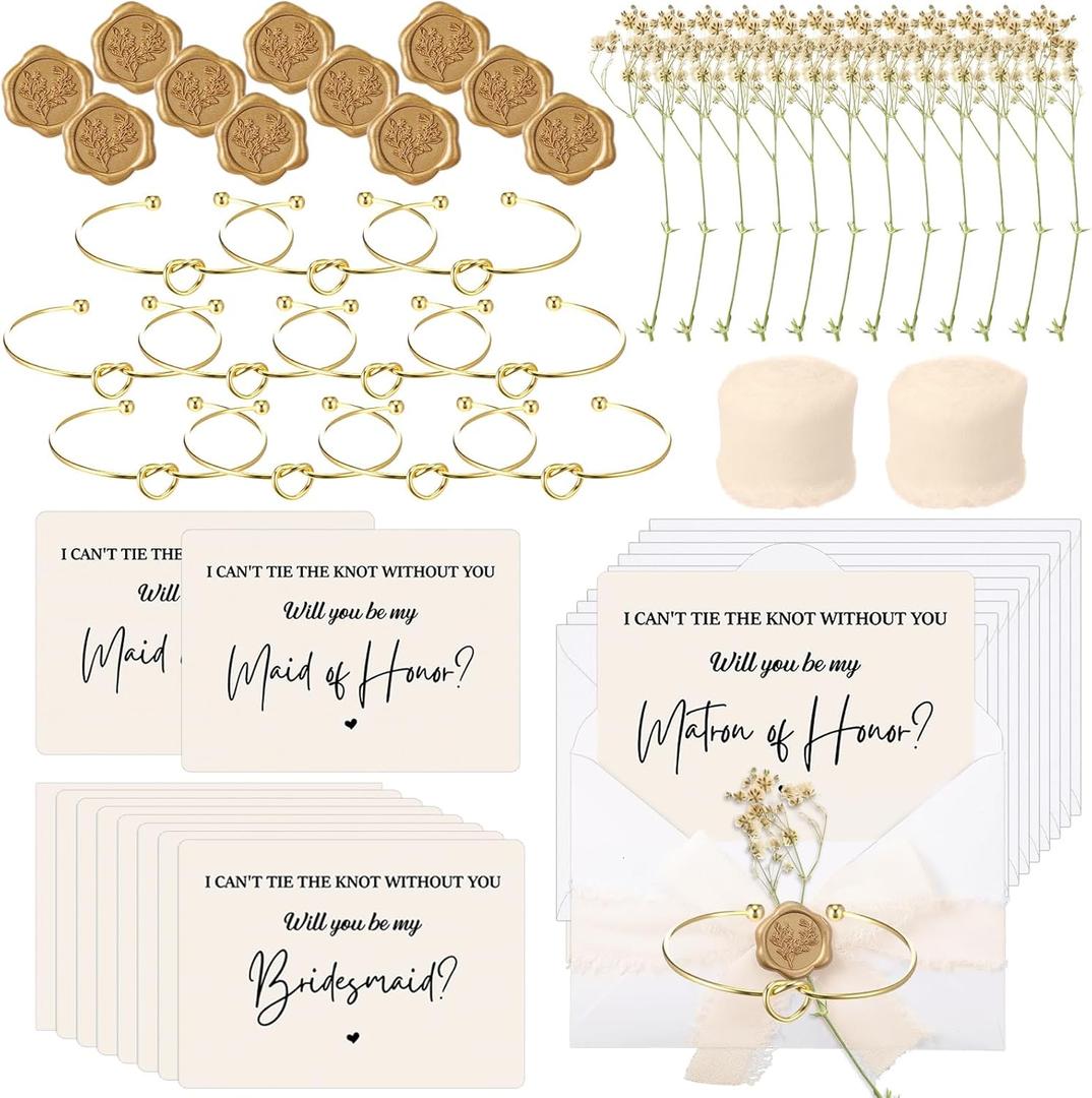 11 Sets Wedding Bridesmaid Invitations Card Proposal Gifts with Knot Bridesmaid Bracelet Envelope Cellophane Wax Seal Stickers Dried Baby's Breath Flowers Chiffon Silk Ribbon for Craft DIY