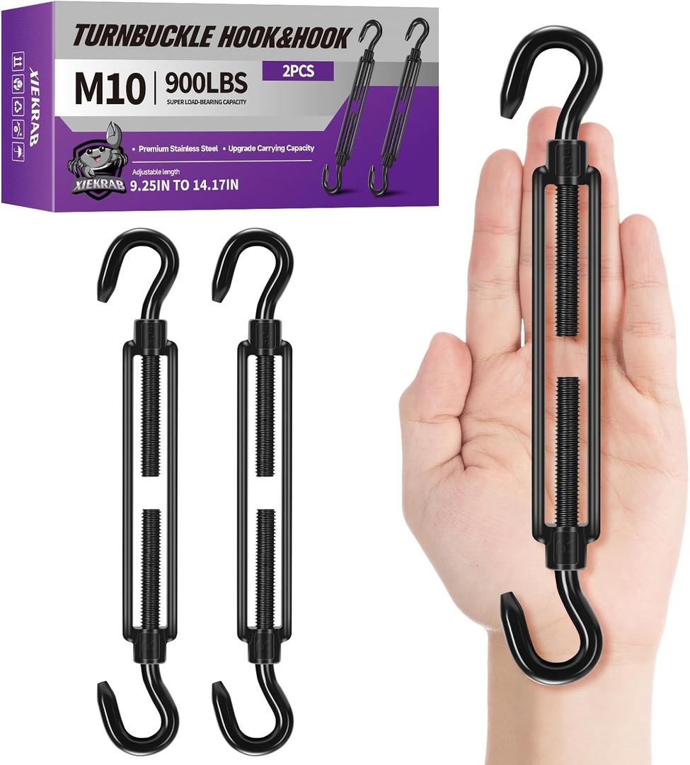 2Pcs M10 304 Stainless Steel Hook & Turnbuckle Hook, 900lbs Capacity Heavy Duty Black Turnbuckles for Wire Rope Tension, Sun Shade Tent Hardware, Shade Sail Installation.