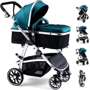 Hagaday Baby Stroller, 2-in-1 Reversible Toddler Seat with Bassinet Mode, Foldable Infant Stroller with Canopy, One Button Brake, Adjustable Handle, Newborn Pushchair(Blue)