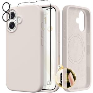 GONEZ Magnetic for iPhone 17 Case, Compatible with MagSafe, [Screen Protector + Camera Lens Protector], Liquid Silicone Anti-Scratch Shockproof Protective Phone Case 6.3 inch, Stone