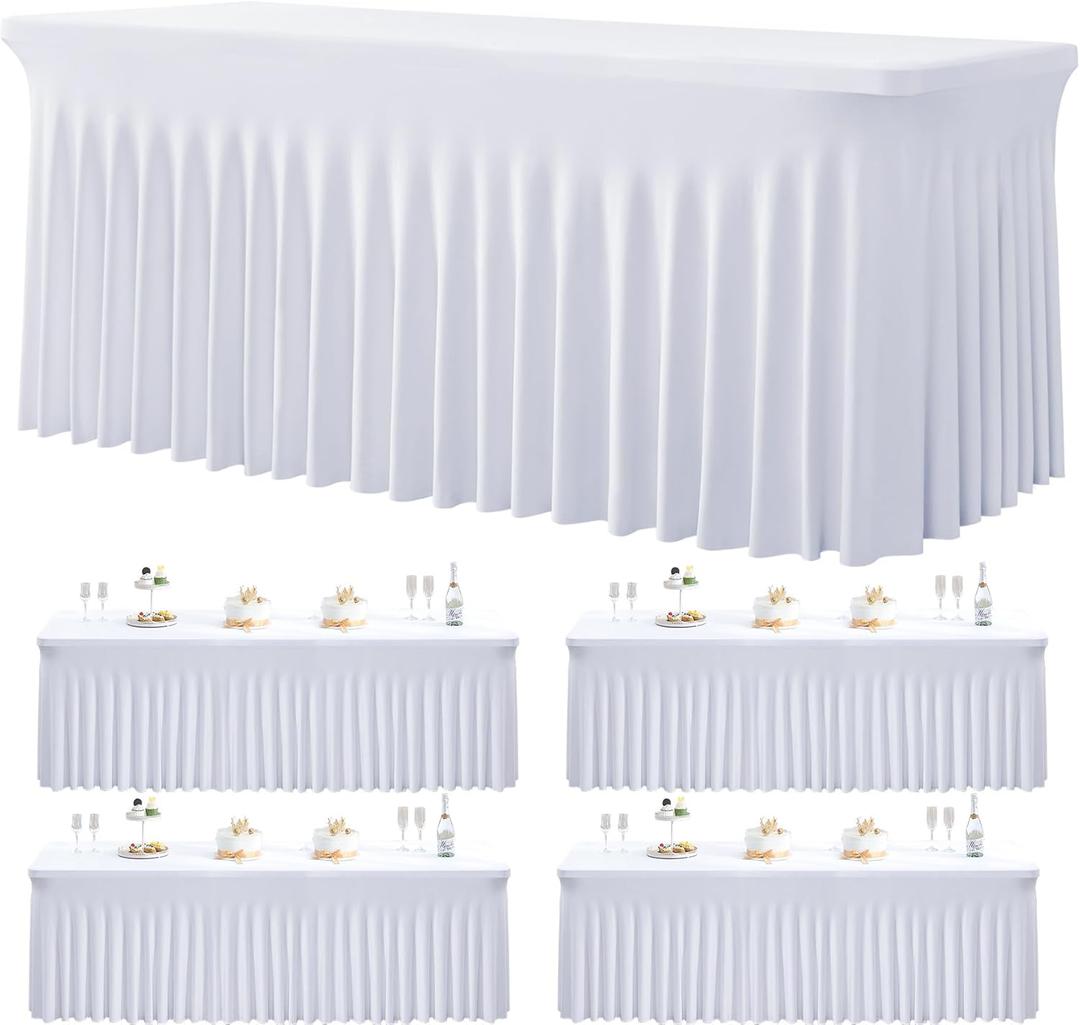 4 Pack White Spandex Tablecloths for 6 Foot Rectangle Tables, Wrinkle Free Stretchy Table Cloths 6ft Fitted Table Cover DeskSkirt for Weddings Birthday Party Banquet Baby Shower