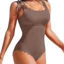 Charmo Womens Scalloped Ribbed One Piece Swimsuits Retro Square Neck Modest Bathing Suits (Medium, Khaki)