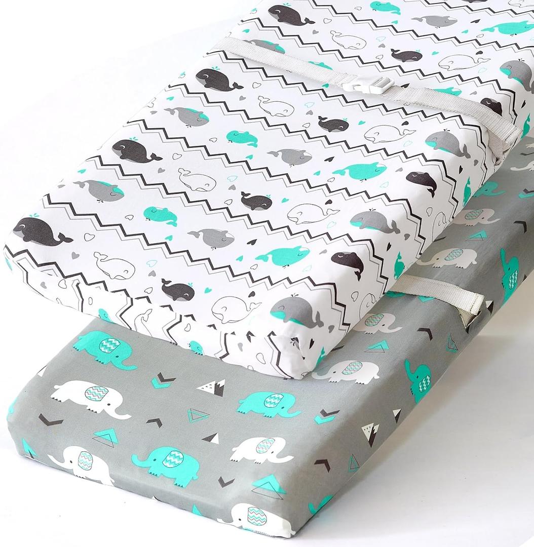 Stretchy Changing Pad Covers for Boys Girls,2 Pack Jersey Knit,Elephant & Whale
