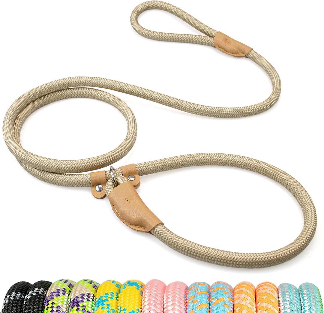 Durable Slip Leads for Dogs, Heavy Duty Strong Rope Slip Leash for Large, Medium Dogs No Pull Training Leashes (Khaki, 1/2" x 6 FT (30~120 lbs.))