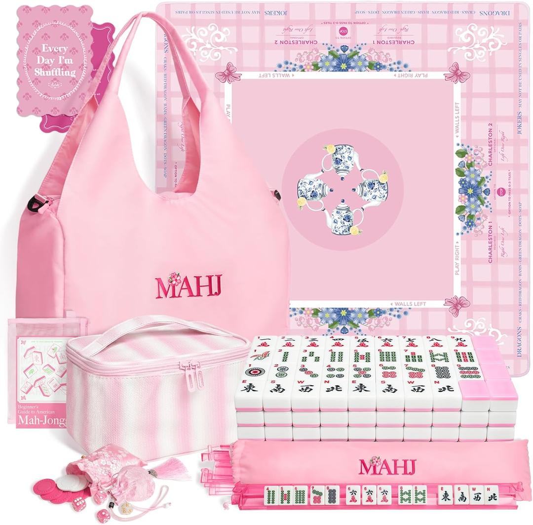 Complete American Mahjong Set with 166 Tiles, Quiet Mahjong Mat, 4 Racks with Pushers, Dice, Chips, Storage Bags & Instruction, Portable Mahjong Game for Travel, Family Game Night & Gifts(Floral Tea)
