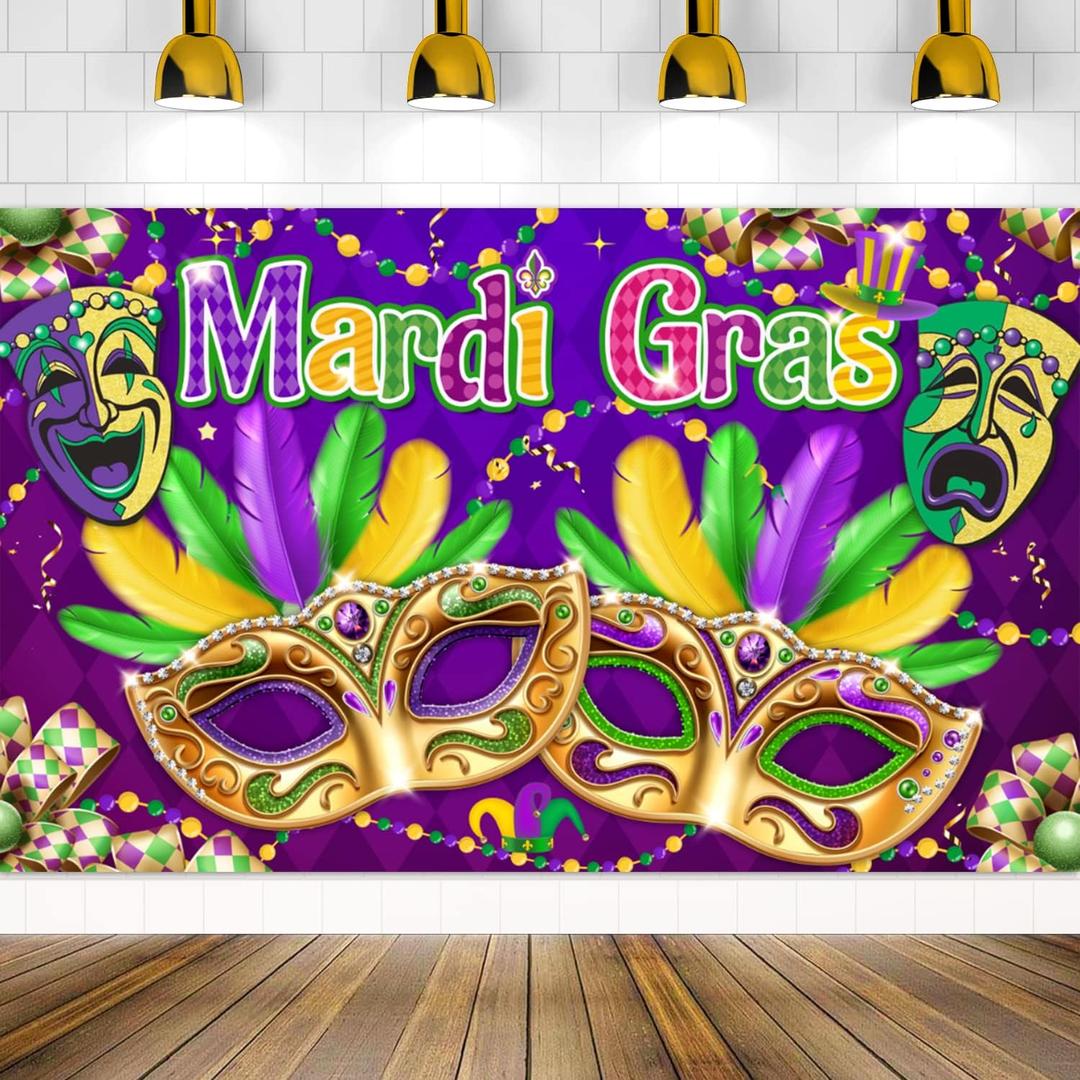 Large 71" X 43" Purple Mardi Gras Backdrop, Mardi Gras Party Decorations Mardi Masquerade Banner, Mardi Decorations for Party, Mardi Gras Party Supplies for Masquerade tineit