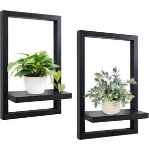 2 Pack Wall-Mounted Plant Shelf  Space Saving Indoor Black Wood Plant Stand for Home Decor, Succulents & Herbs Display