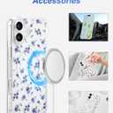 Jusy Magnetic Cute Flower Case for iPhone 16 Plus, Cute Aesthetic White Floral Pattern Phone Case Compatible with Magsafe, Soft TPU Protective Phone Cover for Women Girls - Blue Flower