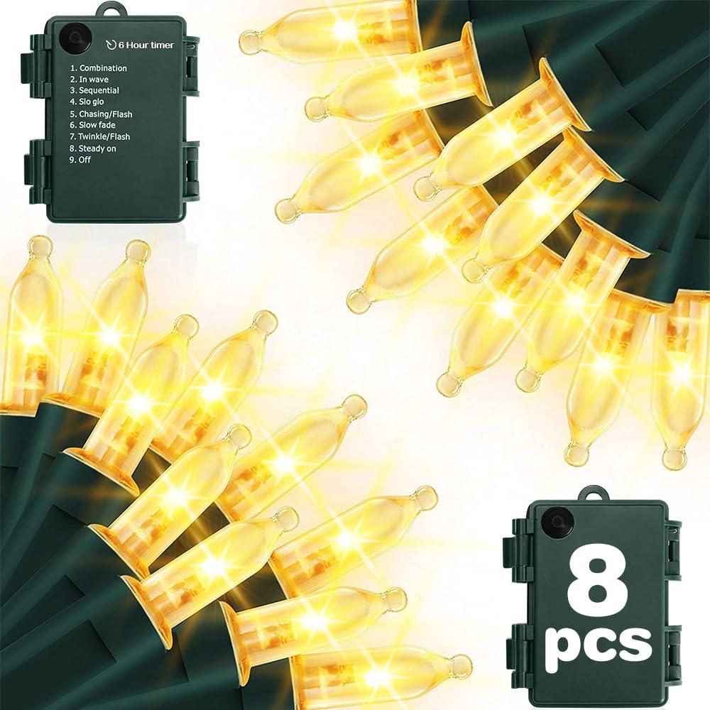 Battery Christmas Lights, 8 Pack LED Mini String Light with 8 Modes Auto-Timer, Waterproof Tree Lights for Outdoor Indoor Xmas Holiday Wreath Garden Decor (Warm White, 50 LED-8 Pack)