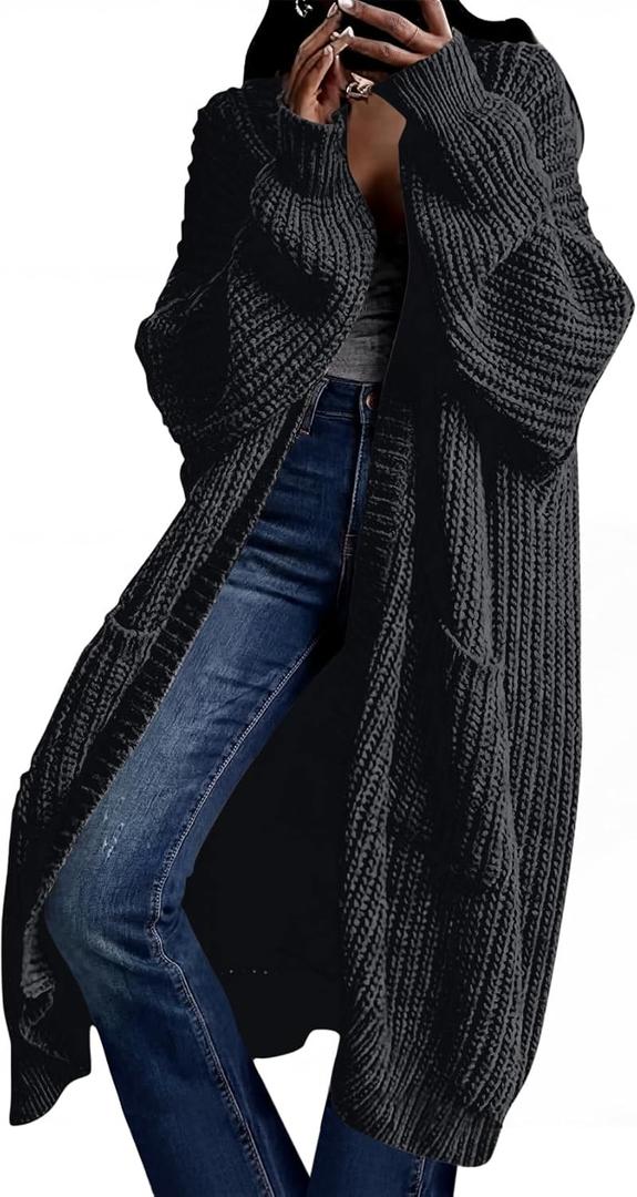 Women's Oversized Cardigans Sweater Long Coat Knit Fall Winter Cozy Outfits with Pockets (X-Large, Black)