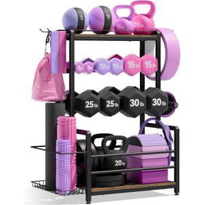 Gym Home Equipment Weight Rack  3Tier Workout Storage Stand for Dumbbells & Kettlebells, Medicine Ball Holder, Steel Organizer with Side Basket, Hooks