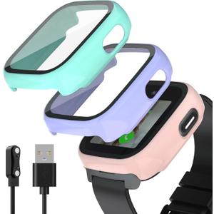 SimpleThings Compatible with Cosmo JrTrack 5 Screen Protector, Hard PC Case with HD Clear Tempered Glass Screen Protector for Cosmo JrTrack 5 Watch for Kids Boys Girls (Teal+Purple+Pink)