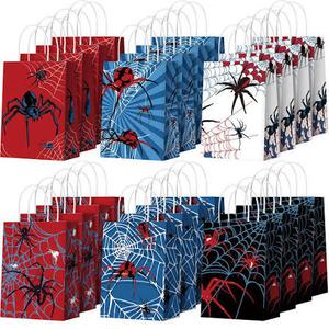 KMZFPYJ 24 Pcs Black Spider Party Gift Bags, Spider Theme Party Favor Bags, Kraft Birthday Favors Candy Bags with Handle, Double Sided Printed, Cartoon Birthday Party Decorations (8.27"×3.2"×5.91")