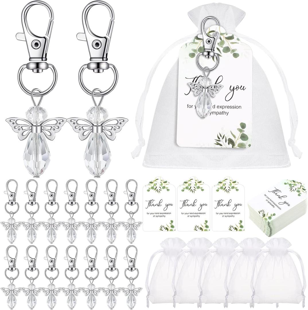 Hicarer 60 Set Funeral Favors, Celebration of Life Favors Angel Keychains Organza Bags Sympathy Thank You Tags for Memorial Party Supplies Guest Return Favors Funeral Gifts