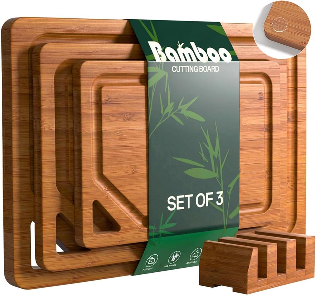 Bamboo Cutting Boards for Kitchen, Wood Cutting Boards with Deep Juice Grooves, 3-Pack Bamboo Cutting Board Set with Holder, Chopping Board & Charcuterie Board for Meal Prep & Serving