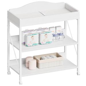 Baby Changing Table, Diaper Changing Station with Pad and Wheels, Two-Tier Open Storage Shelves, Waterproof Diaper pad & Safety Strap, Compact Baby Furniture for Nursery, White