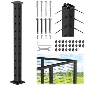 CKE T-Drilled Corner Post Cable Railing, Three Sides T-Drilled 36" Cable Railing Corner Post (Post 35"x2"x2") with Cable Grommets, 90 Black Finish Stainless Steel Corner Post for Indoor Outdoor, CP02