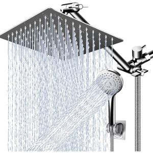 PinWin Modern 12" Large Square Rain Showerhead with 5 Modes Handheld Showerhead Combo, Adjustable Arm, Easy Tool-Free Installation (Chrome)