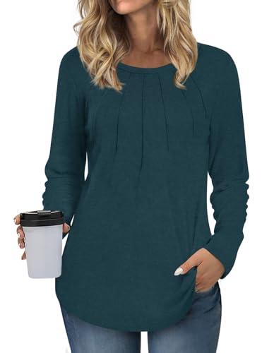 Anyhold Womens Long Sleeve Tunic Tops Loose Fit Dressy Casual Pleated Blouses to wear with Leggings, Large, Grey Blue