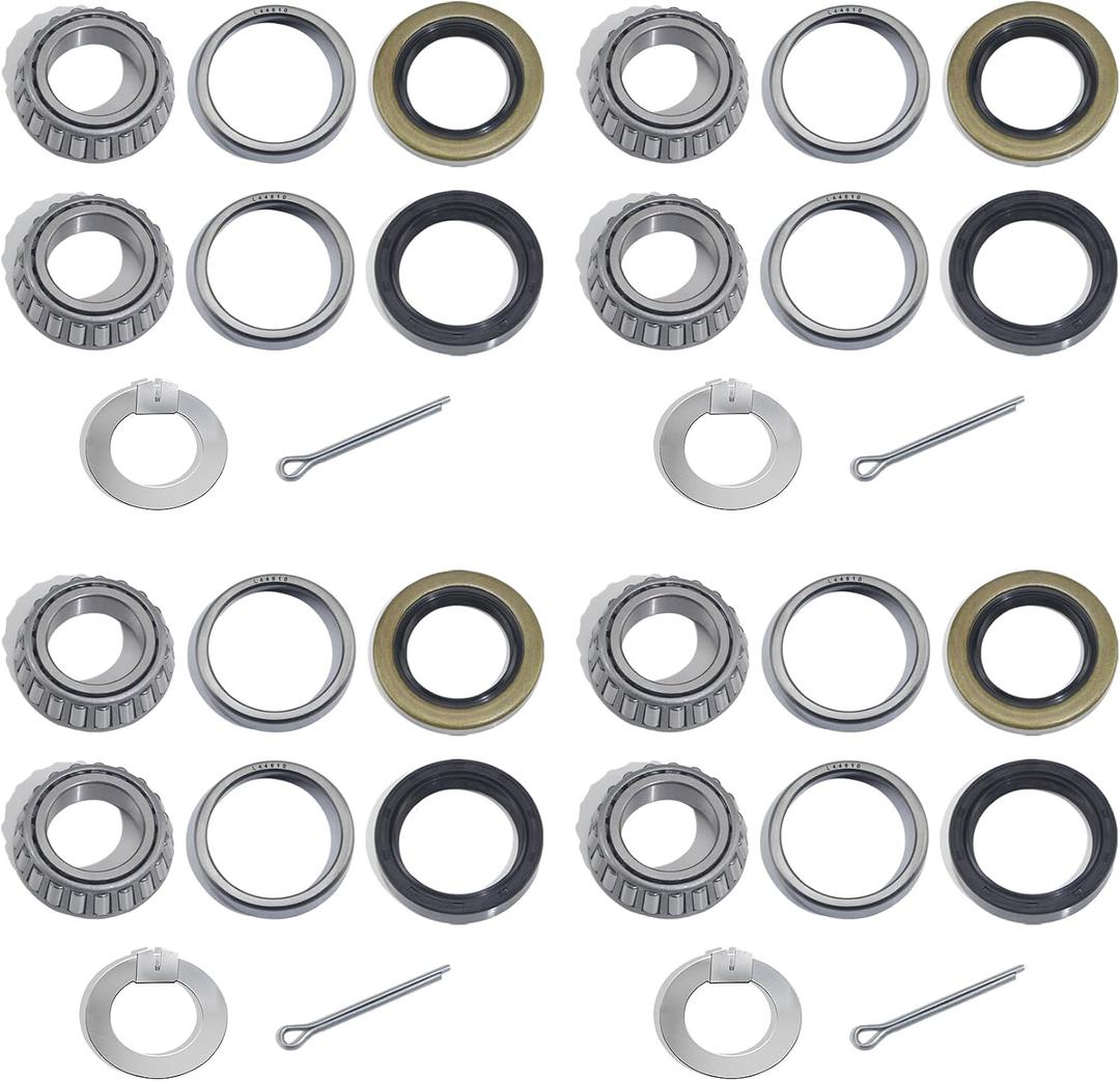 4Sets for 1-1/16'' Axle Trailer Hub Bearings Kits, L44649/L44610 Bearings Set with D-style Spindle Tang Washers, 12192TB 15192TB Grease Seals Cotter Pins for 2000-2200lbs BT9 Straight Spindle