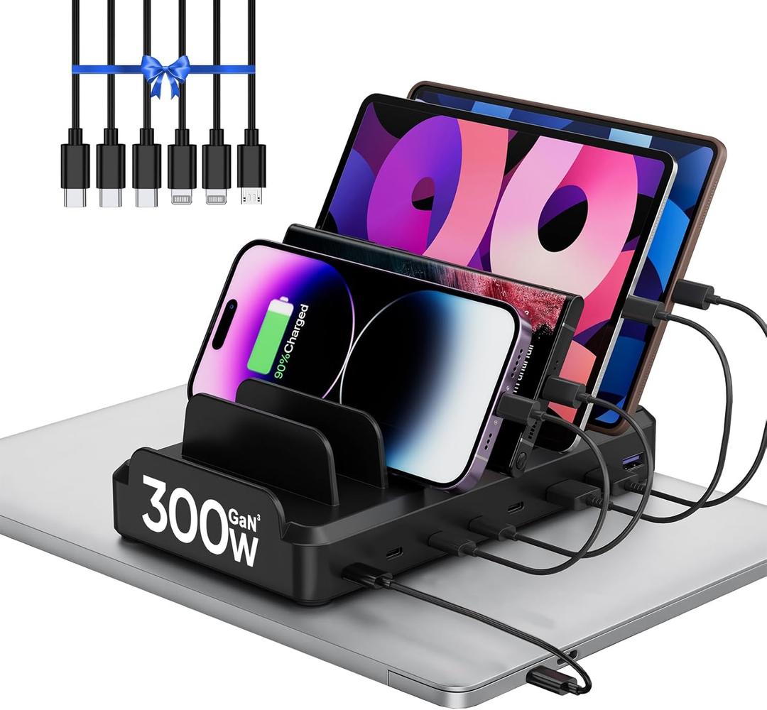 300W Charging Station for Multiple Devices, 8 Port Multi USB C Fast Charger Station Dock for MacBook iPhone 16/15/14/13/12 Samsung Pixel Series iPad, Black (6 Mixed Short Cables Included)