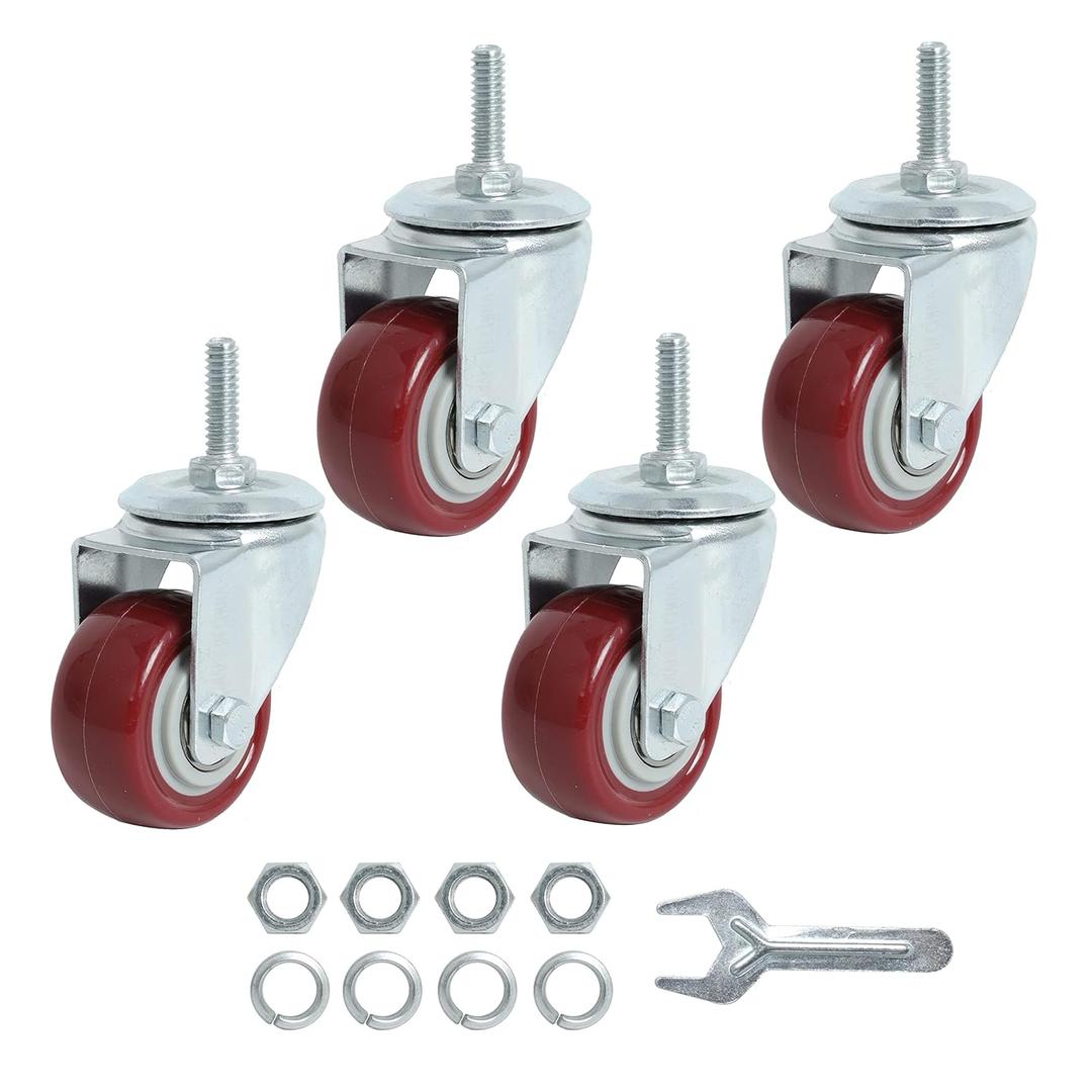2 x Finnhomy Swivel Caster Wheels 2 Inch Heavy Duty Threaded Stem Casters 1/4" - 20 x 1 Set of 4 for Wire Shelve Wheels PU Load Bearing 800 Lbs Anti-wear Smooth Casters, Red