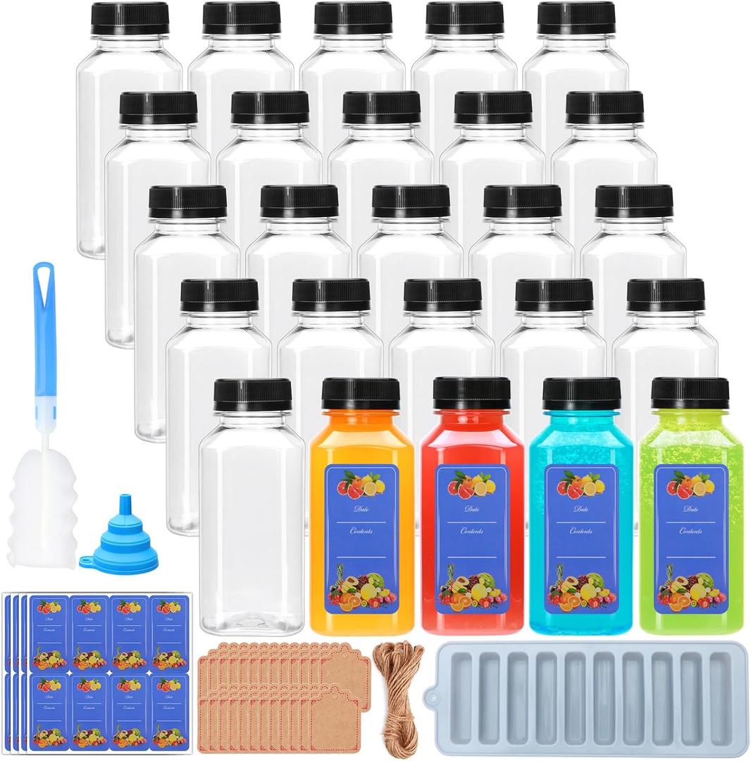 Flrolove 25 Pack 8oz Plastic Juice Bottles with Caps,Clear Drink Containers with Lids,Reusable Clear Bulk Beverage Containers for Juice, Smoothies, Ginger, Tea, Coffee and Other Beverages