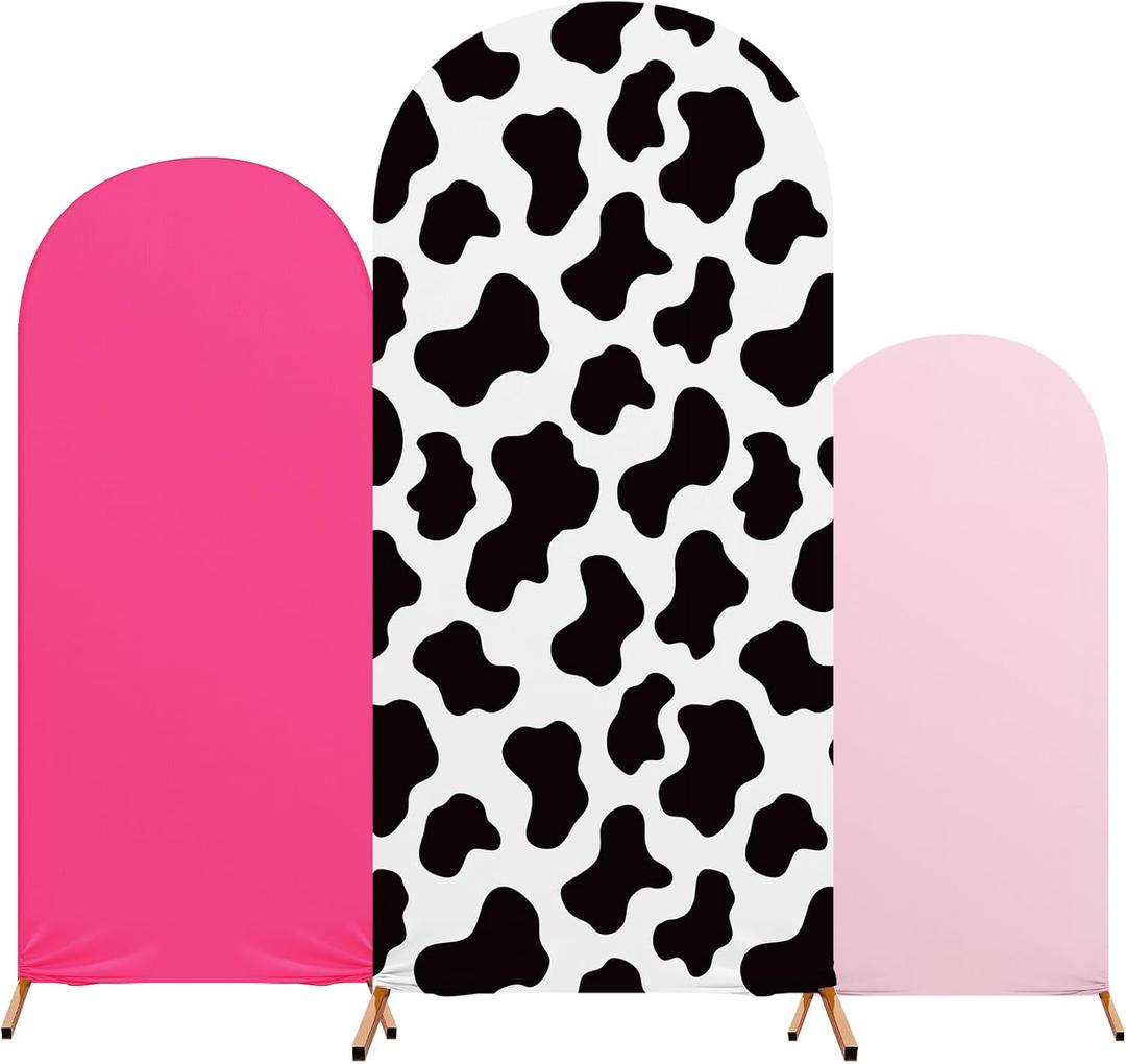 3 Sets Cow Theme Party Arch Backdrop Cover Cow Birthday Party Decorations Spandex Stretch Backdrop Stand Cover 4ft, 5ft, 6ft for Birthday Banquet Ceremony(Pink)