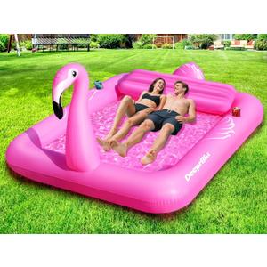 Luxury Flamingo Inflatable Tanning Pool for 2 Person, 81x60 inch Sunbathing Pool Lounger Float, Pink Blow Up Tanning Pool Suntan Tub, Tanning Water Bed with Cup Holder, Lounge Float for Adult