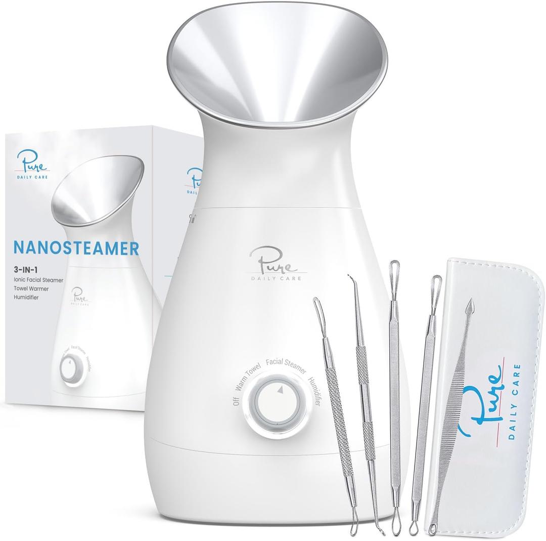 Pure Daily Care NanoSteamer Large 3-in-1 Nano Ionic Facial Steamer with Precise Temp Control - Humidifier - Unclogs Pores - Blackheads - Spa Quality 
