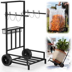 2-in-1 Leaf Bag Holder Cart & Hand Truck Dolly, Heavy Duty Garden Trash Bag Stand with 7" All-Terrain Wheels, 200lbs Capacity, Anti-Loss Clips & Utility Basket for Yard Work, Moving, Camping