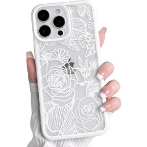 NITITOP Compatible with iPhone 16 Pro Case Clear Cute Rose Flower Floral Leaves Pattern for Women Girls Color Frame Slim Durable Shockproof Protective Phone Cover - White