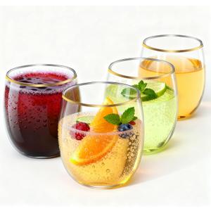 32 Pack 12oz Plastic Stemless Wine Glasses wihth Gold Rim, Disposable Clear Wine Cups - Shatterproof, Unbreakable & BPA-Free, Recyclable Drinkware for Wedding, Birthday Party, New Year, Holidays