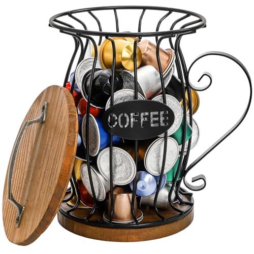 WRINGKIT Rustic Coffee Pod Holder with Lid, K Cup Pods Holder for Counter, Large Capacity Black Wire Coffee Pod Filter Storage Basket for Espresso Capsule, Wooden Base