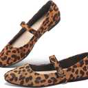 Obtaom Mary Jane Flat Shoes Round Toe Ballet Flats for Women Dressy Fabric Business Flats Comfortable Classic Strap Flats for Office(Leopard,US6)