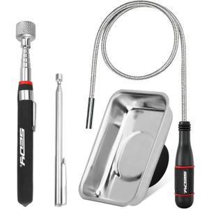 4-Piece Telescoping Magnetic Pickup Tools Set: 31in Portable Magnetic Pickup Stick, 25in Pen-Style Magnetic Pickup Tool with Pocket Clip, 20in Flexible Bendable Spring Magnet Stick, Magnet Parts Tray, 4 Pack - Multi-Tool 15LB Kit