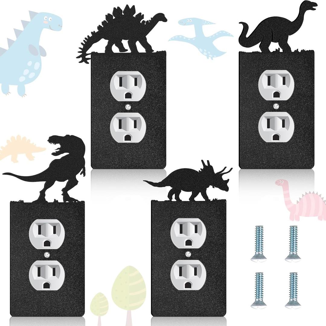 Peryiter 4 Pcs Dinosaur Light Switch Cover Wall Plate Triceratops Stegosaurus Tyrannosaurus Dinosaur Outlet Dino Single Toggle Light Switch Plates Cover for Home Kitchen(Black)