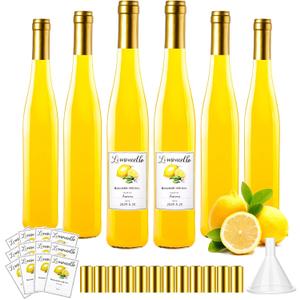 Maxcheck 6 Set 16 oz 500 ml Lemoncello Glass Wine Bottles Set with Labels Stickers Airtight Empty Clear Liquor Bottles with Lid for Homemade Extracting Liqueur Suitable for Gift Giving(Lemon)