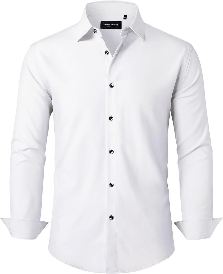 Alimens & Gentle Mens Dress Shirts Stretch Long Sleeve Formal Business Wedding Button Down Shirt Wrinkle Free (X-Large, White)